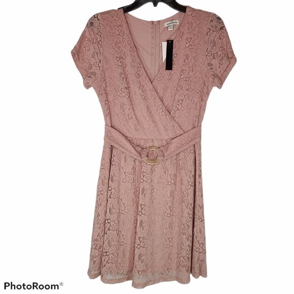 Medium Pink Lace Dress V neck Short sleeve lined - Picture 1 of 10